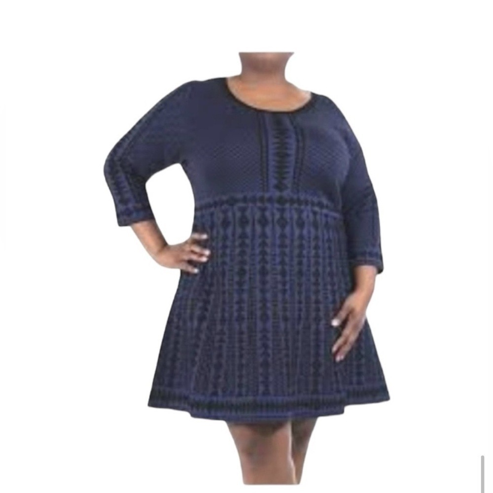 Nina Leonard Blue/Black Geometric Fit N' Flare‎ Knit Dress In Blue